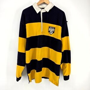 Pure Playaz Rugby Shirt XL Navy Yellow Striped 98 Back Patch Vintage 90s HipHop
